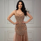Luxury Nude Spaghetti Strap Beaded A line Evening Dress LA73189
