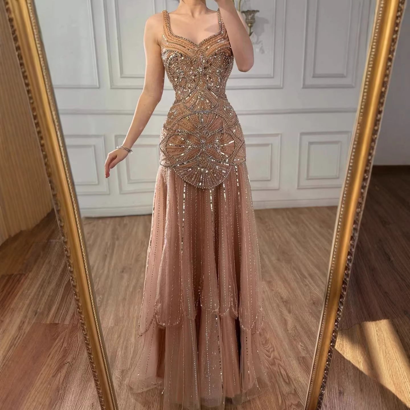 Luxury Nude Spaghetti Strap Beaded A line Evening Dress LA73189