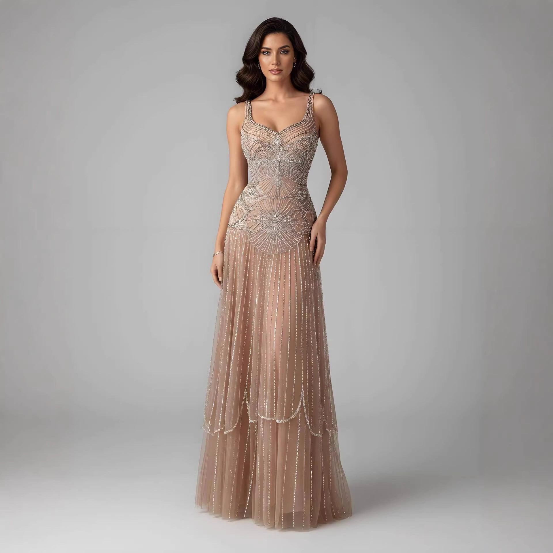 Luxury Nude Spaghetti Strap Beaded A-Line Evening Dress LA73189C