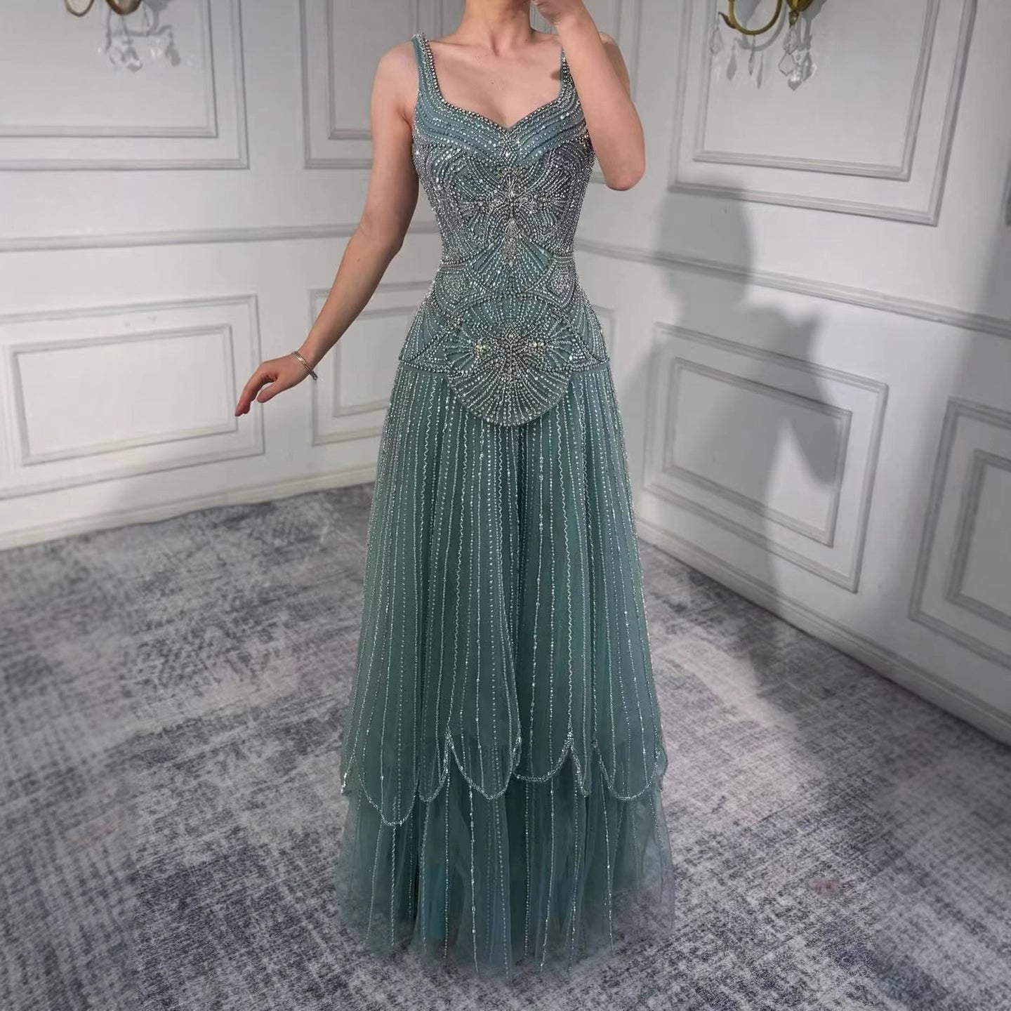 Luxury Nude Spaghetti Strap Beaded A-Line Evening Dress LA73189C