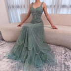Luxury Nude Spaghetti Strap Beaded A-Line Evening Dress LA73189C
