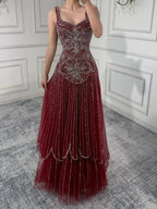 Luxury Nude Spaghetti Strap Beaded A-Line Evening Dress LA73189C
