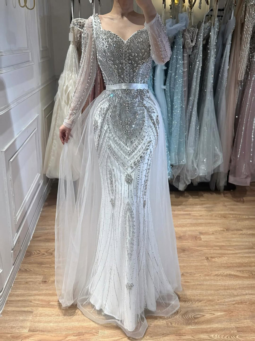 Luxury Nude Beaded Mermaid Evening Dress with Overskirt LA73190
