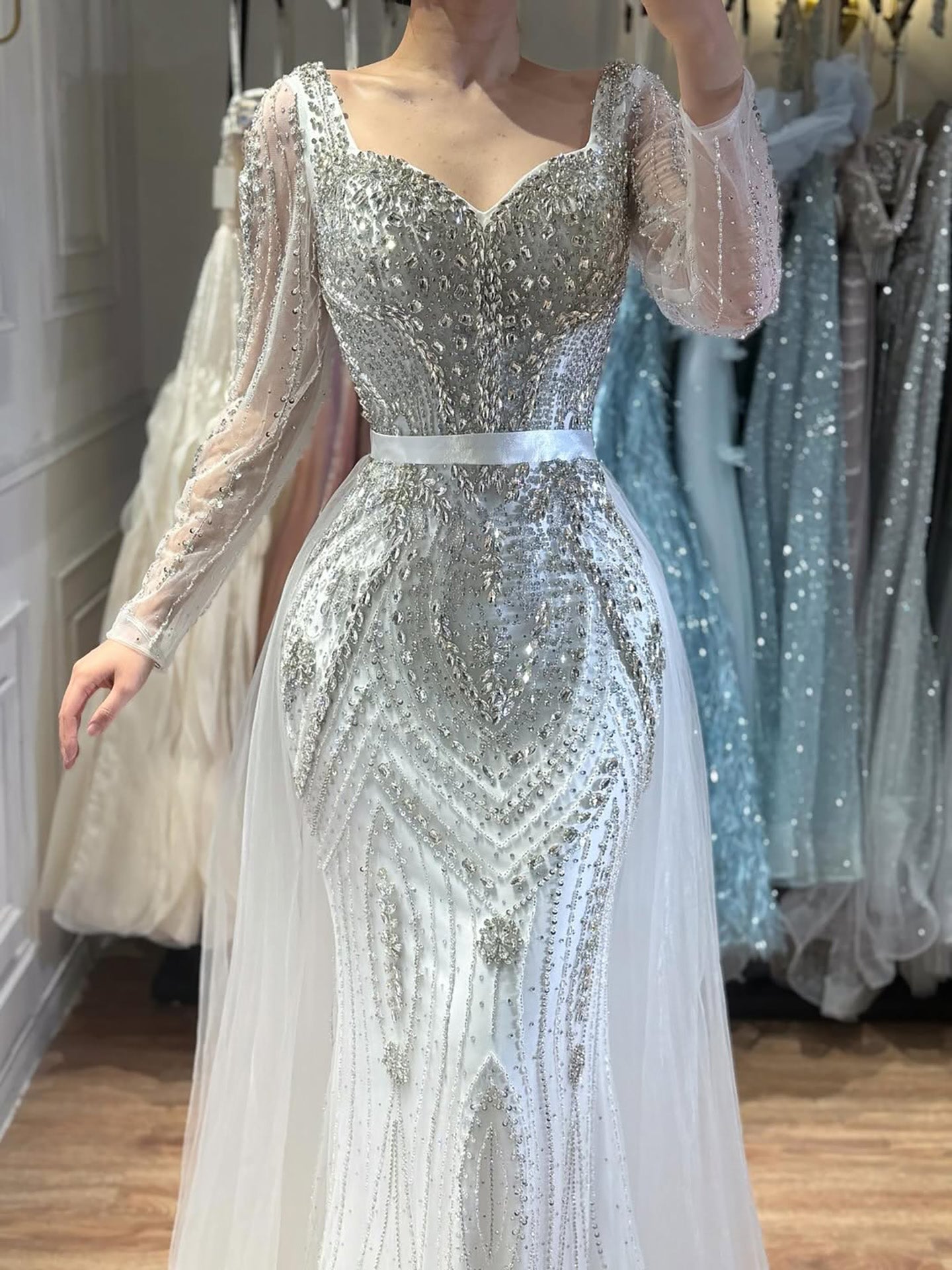 Luxury Nude Beaded Mermaid Evening Dress with Overskirt LA73190