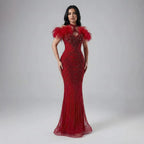 Luxury Pink Feather Halter Beaded Evening Gown for Wedding Party LA73212
