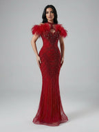 Luxury Pink Feather Halter Beaded Evening Gown for Wedding Party LA73212