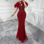 Luxury Pink Feather Halter Beaded Evening Gown for Wedding Party LA73212