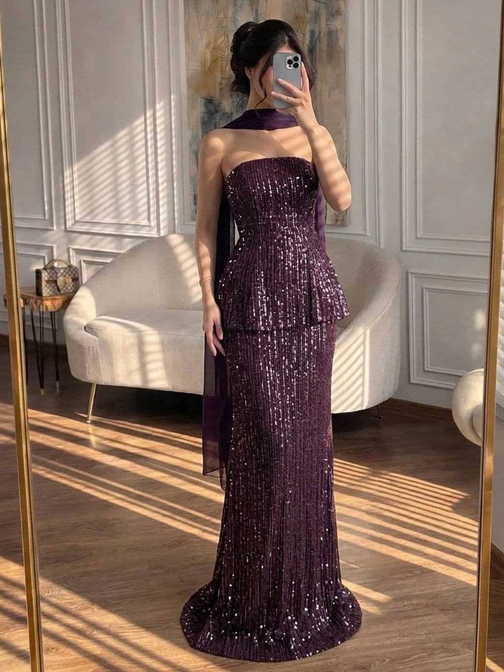 Elegant Arabic Designer Purple Two Pieces Evening Dress for Wedding Guest LA73219