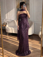 Elegant Arabic Designer Purple Two Pieces Evening Dress for Wedding Guest LA73219
