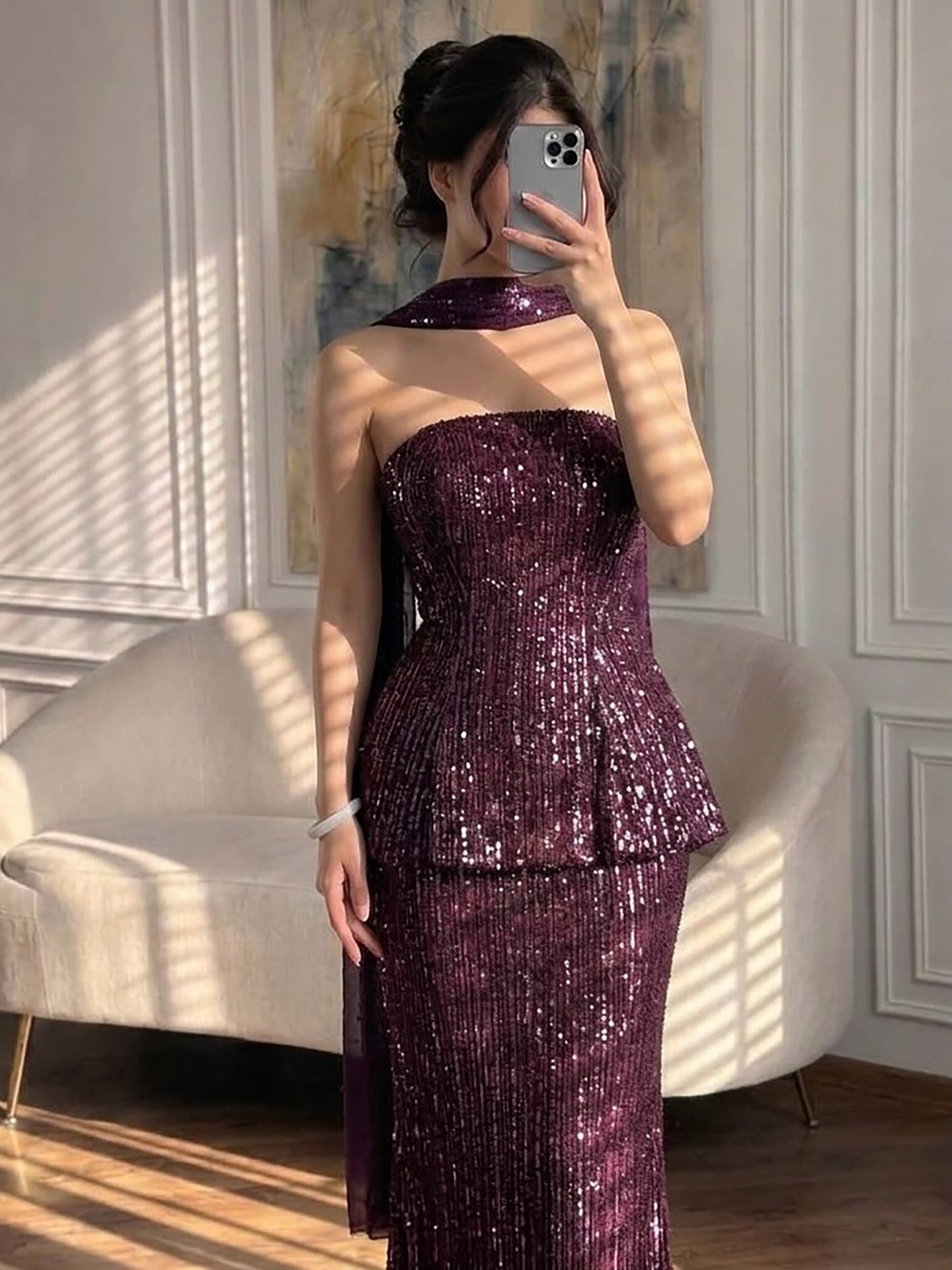 Elegant Arabic Designer Purple Two Pieces Evening Dress for Wedding Guest LA73219