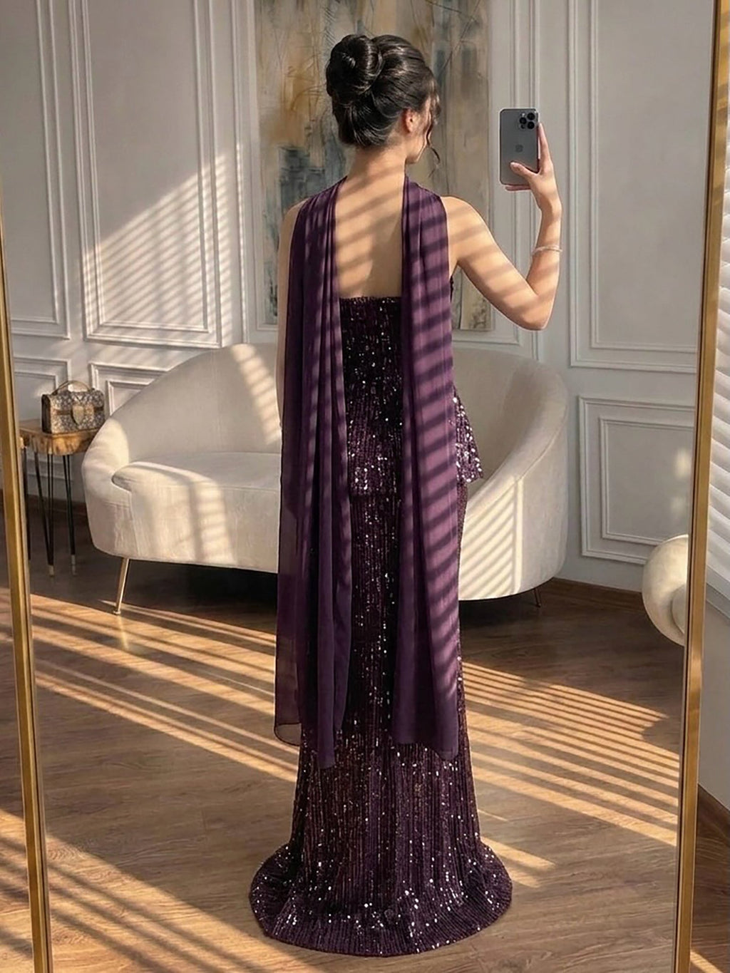 Elegant Arabic Designer Purple Two Pieces Evening Dress for Wedding Guest LA73219