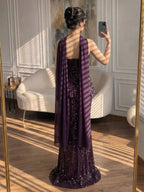 Elegant Arabic Designer Purple Two Pieces Evening Dress for Wedding Guest LA73219