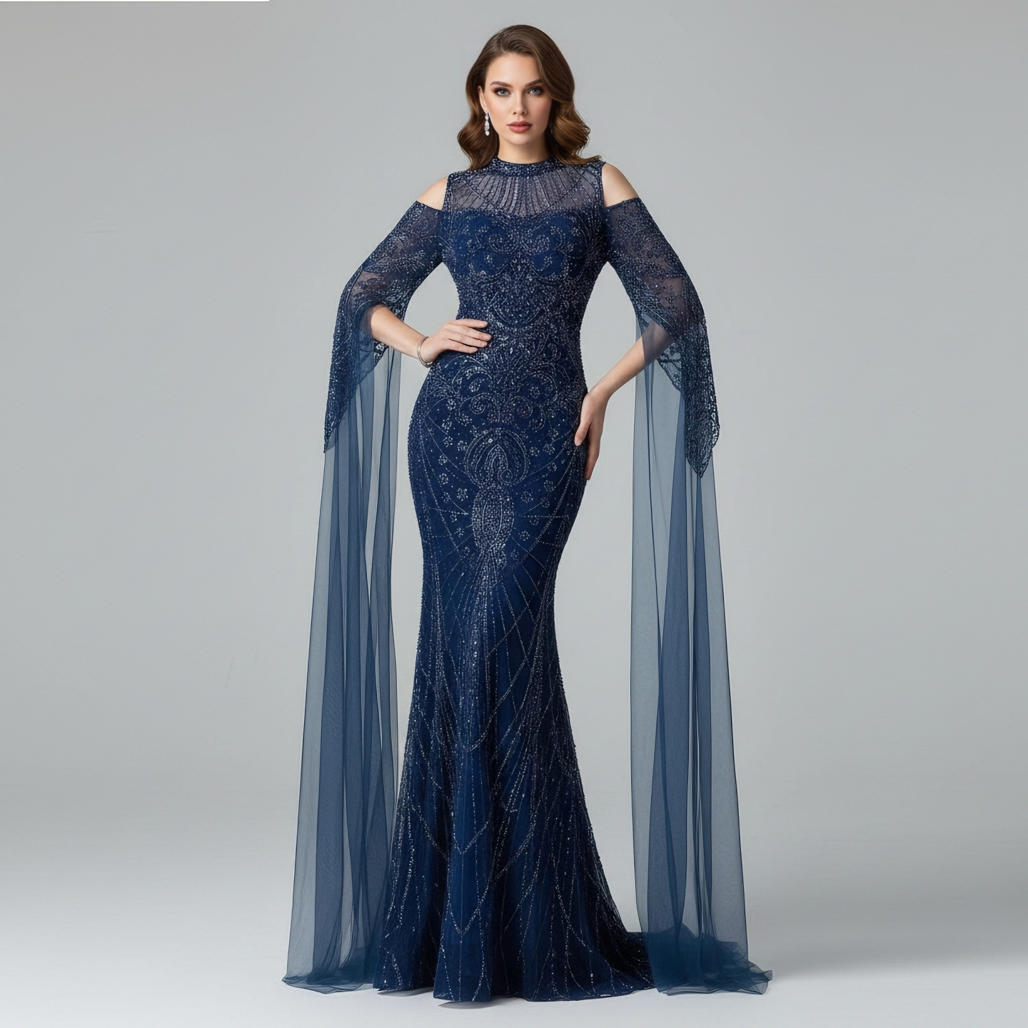 Luxury Dubai Navy Blue Beaded Lace Evening Dress with Cape Sleeves LA73323