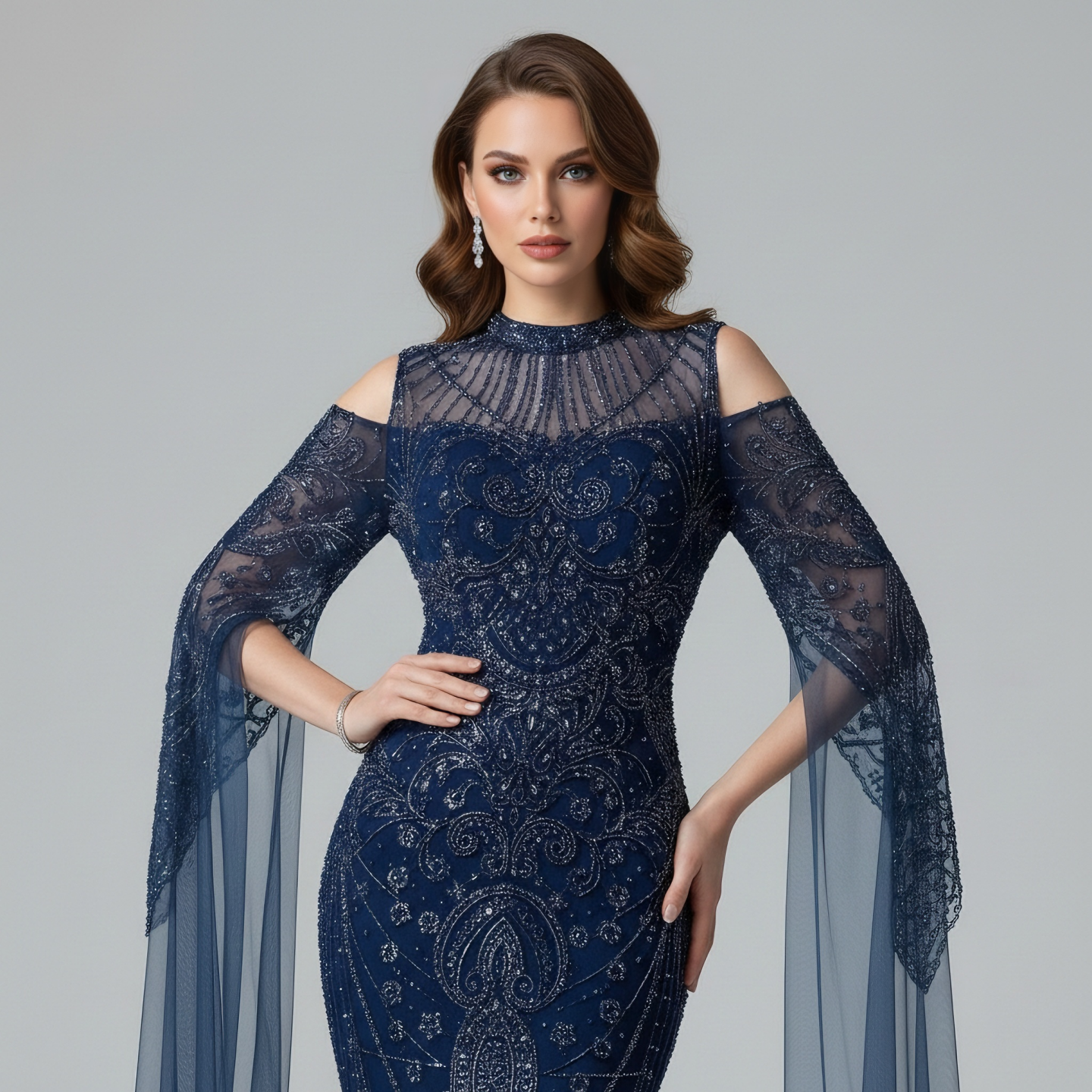 Luxury Dubai Navy Blue Beaded Lace Evening Dress with Cape Sleeves LA73323