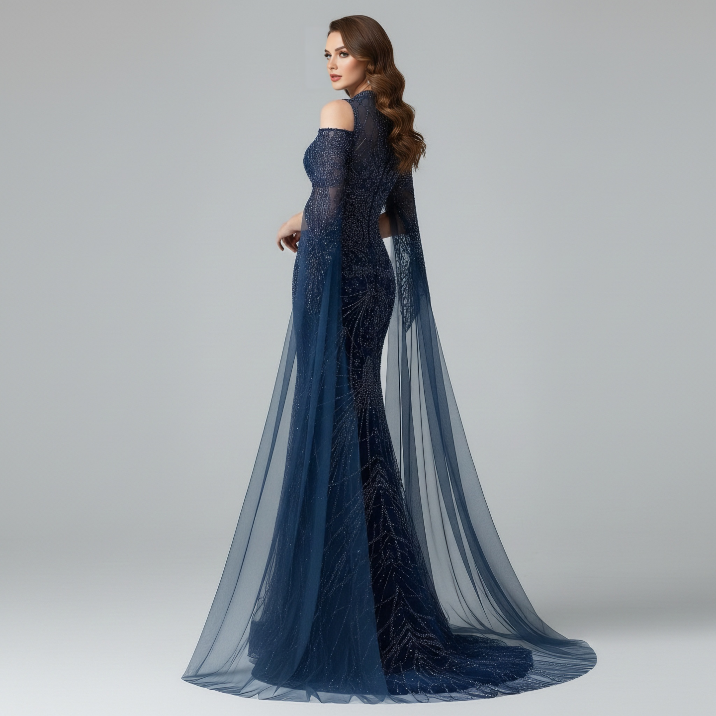 Luxury Dubai Navy Blue Beaded Lace Evening Dress with Cape Sleeves LA73323
