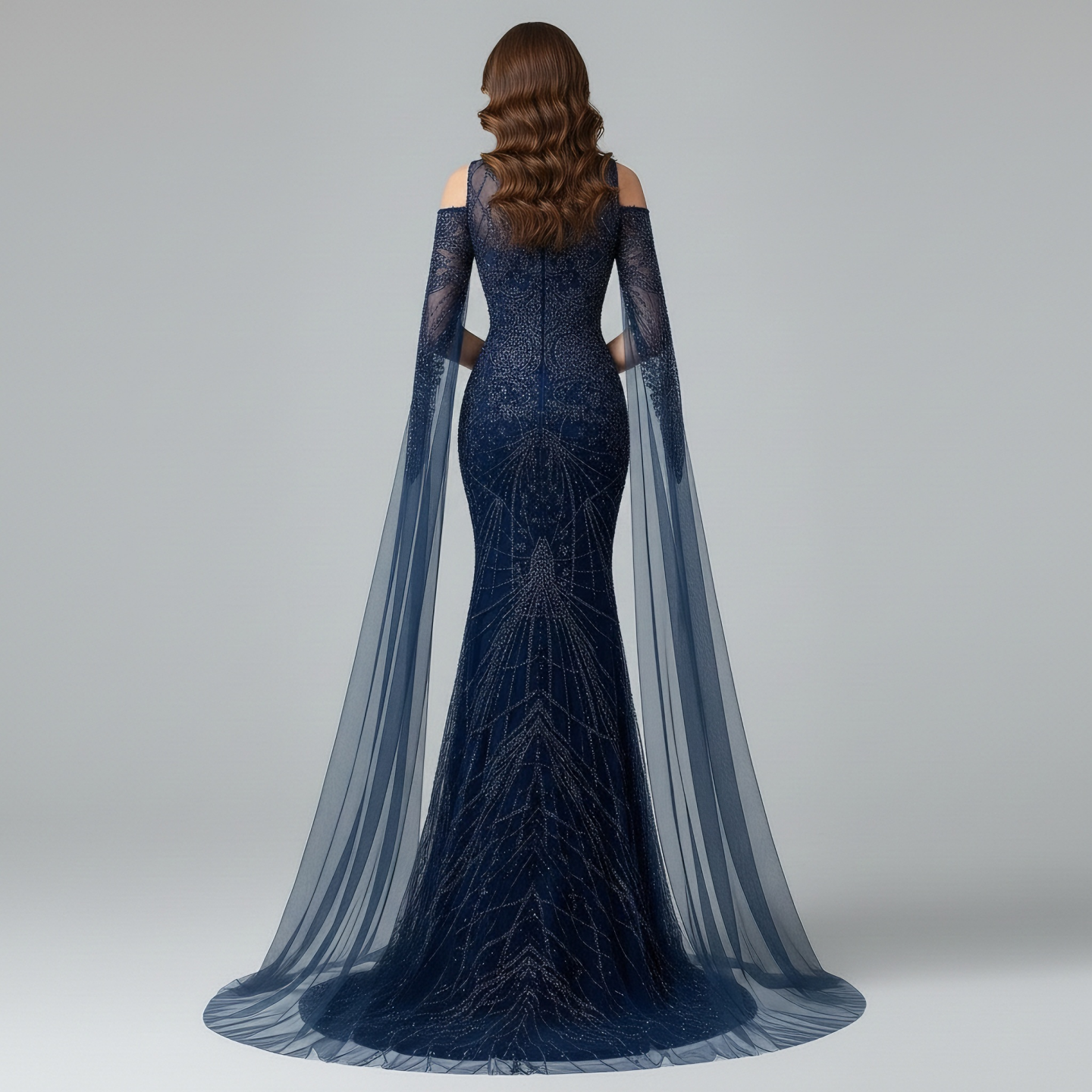 Luxury Dubai Navy Blue Beaded Lace Evening Dress with Cape Sleeves LA73323