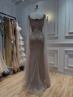 Luxury Beige Crystal Beaded Mermaid Gown with Split Cape Sleeves LA73333B