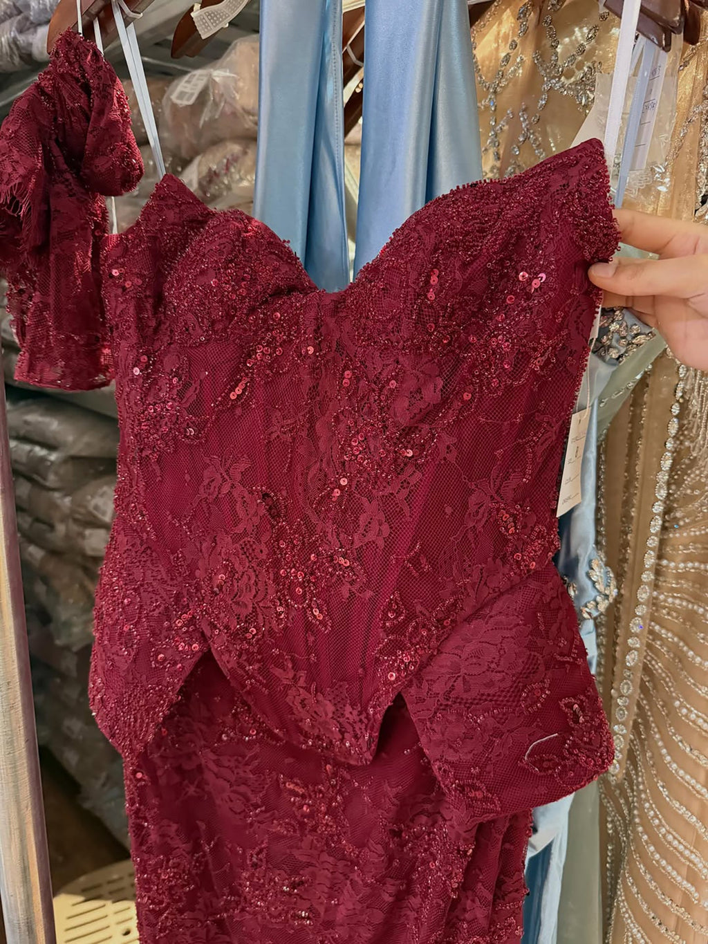 Luxury Wine Red Lace Beaded Mermaid Evening Dress LA73341