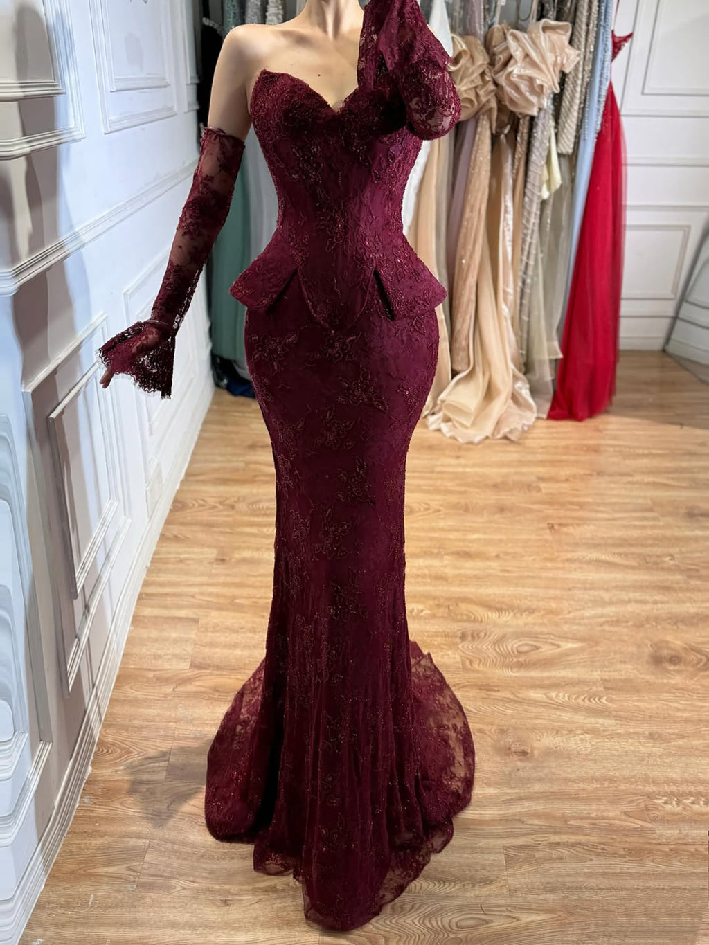 Luxury Wine Red Lace Beaded Mermaid Evening Dress LA73341