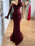 Luxury Wine Red Lace Beaded Mermaid Evening Dress LA73341