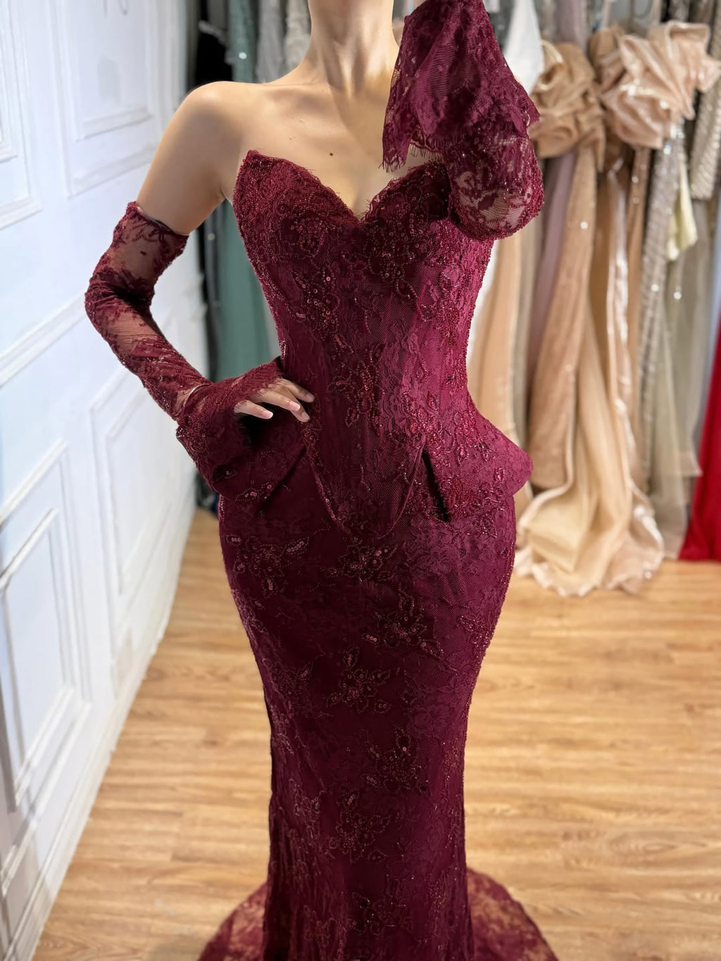 Luxury Wine Red Lace Beaded Mermaid Evening Dress LA73341