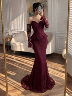 Luxury Wine Red Lace Beaded Mermaid Evening Dress LA73341
