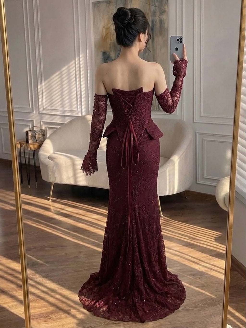 Luxury Wine Red Lace Beaded Mermaid Evening Dress LA73341