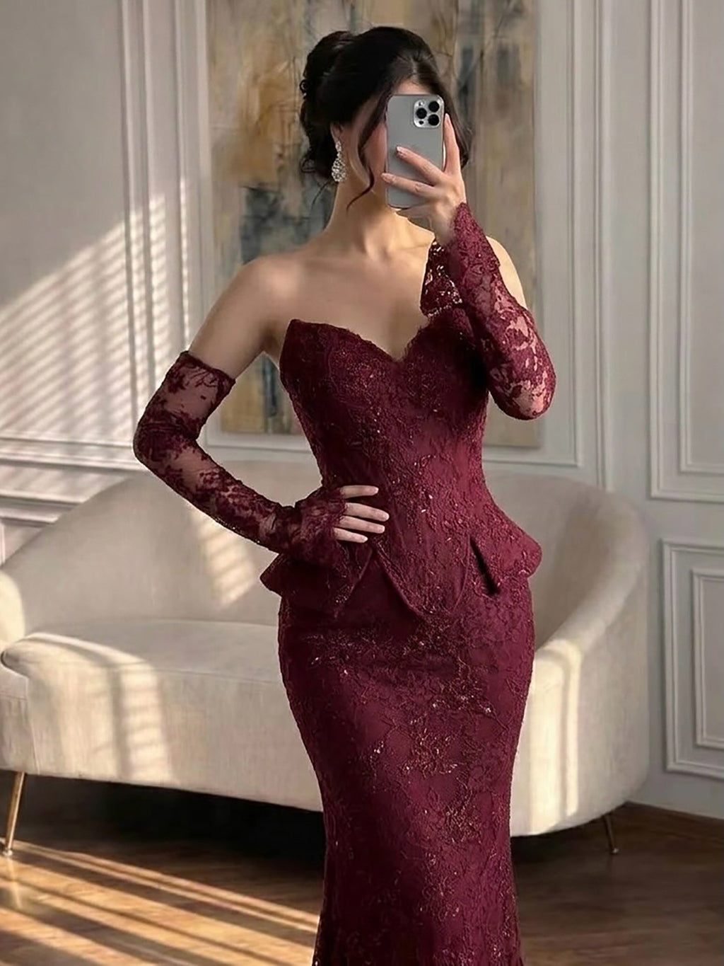 Luxury Wine Red Lace Beaded Mermaid Evening Dress LA73341