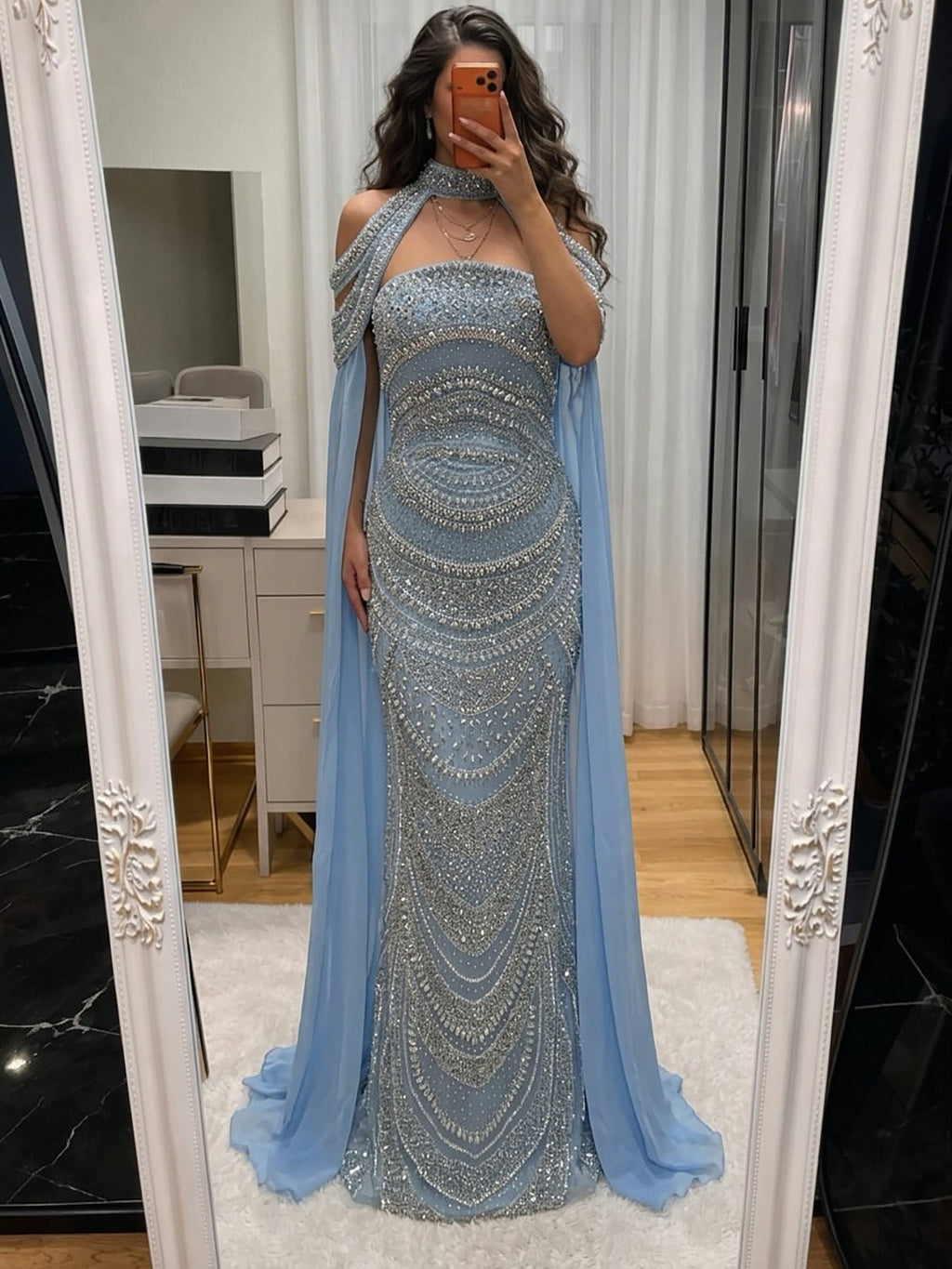 Luxury Caramel Kosovo Beaded Evening Dress with Cape LA73344