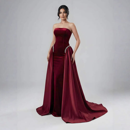 Burgundy Strapless Mermaid Velvet Evening Ball Gowns with Pearls LA73351