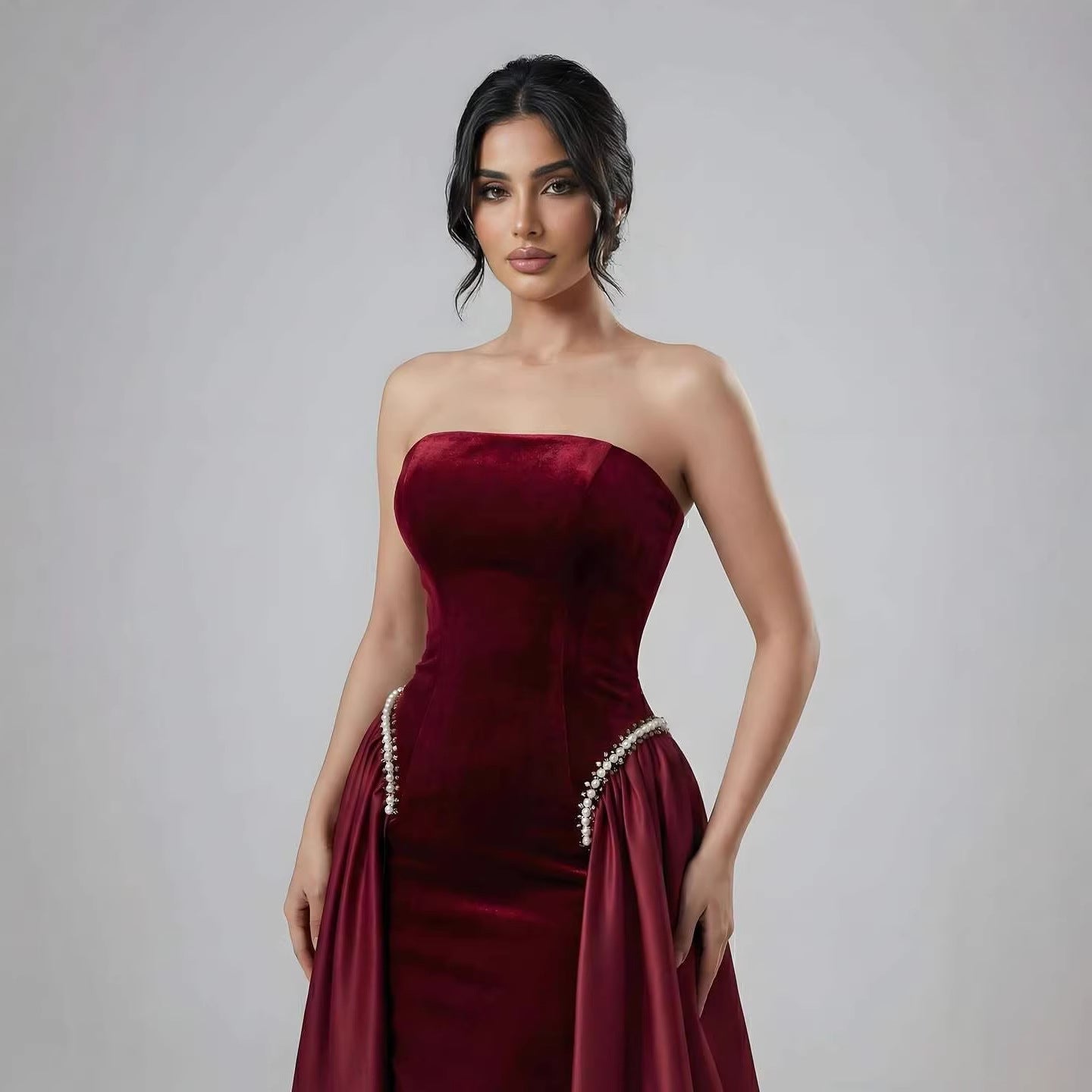 Burgundy Strapless Mermaid Velvet Evening Ball Gowns with Pearls LA73351