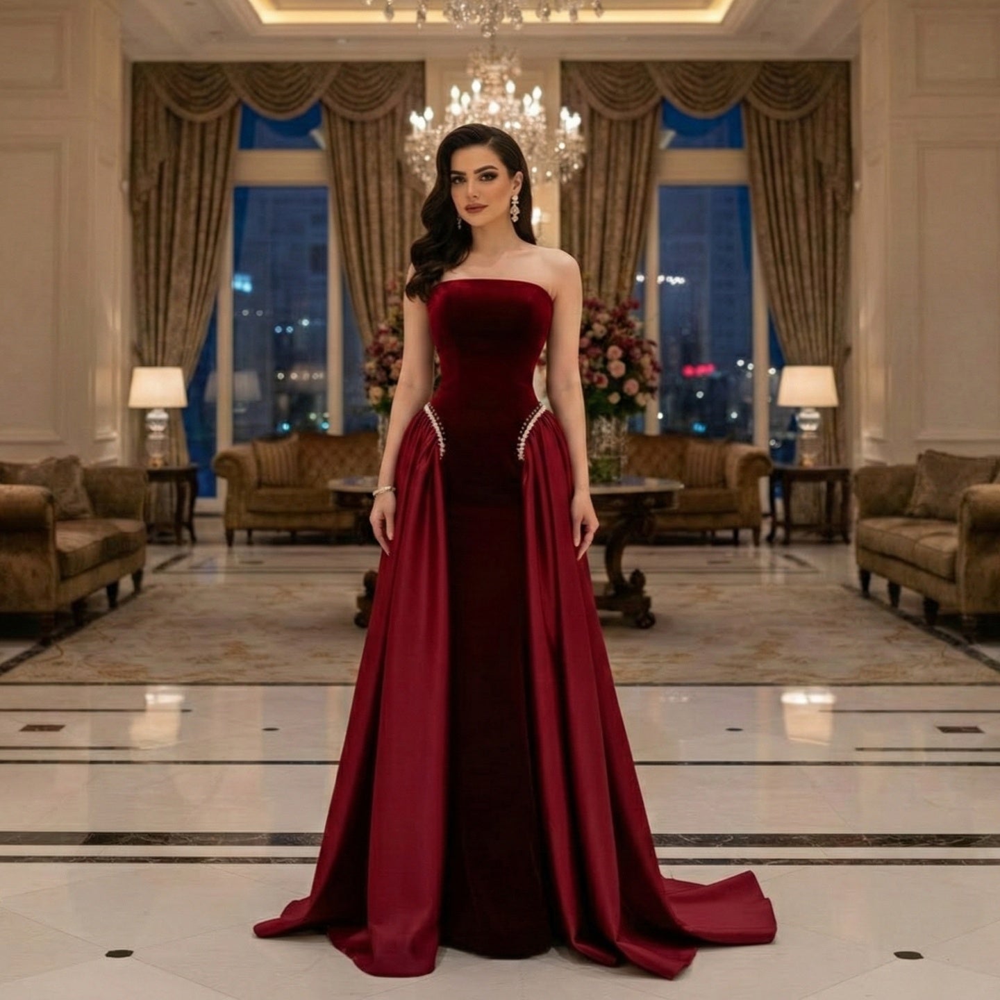 Velvet Burgundy Strapless Ballgown