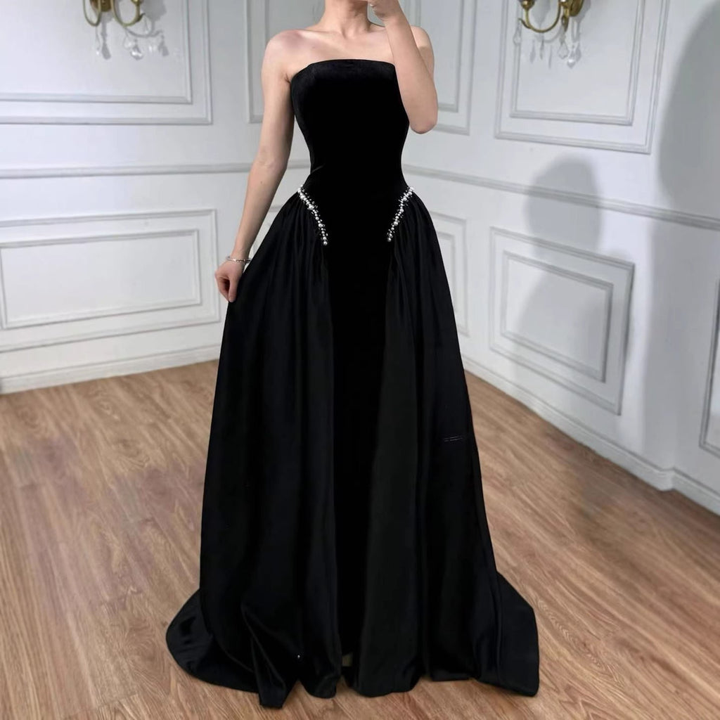 Burgundy Strapless Mermaid Velvet Evening Ball Gowns with Pearls LA73351