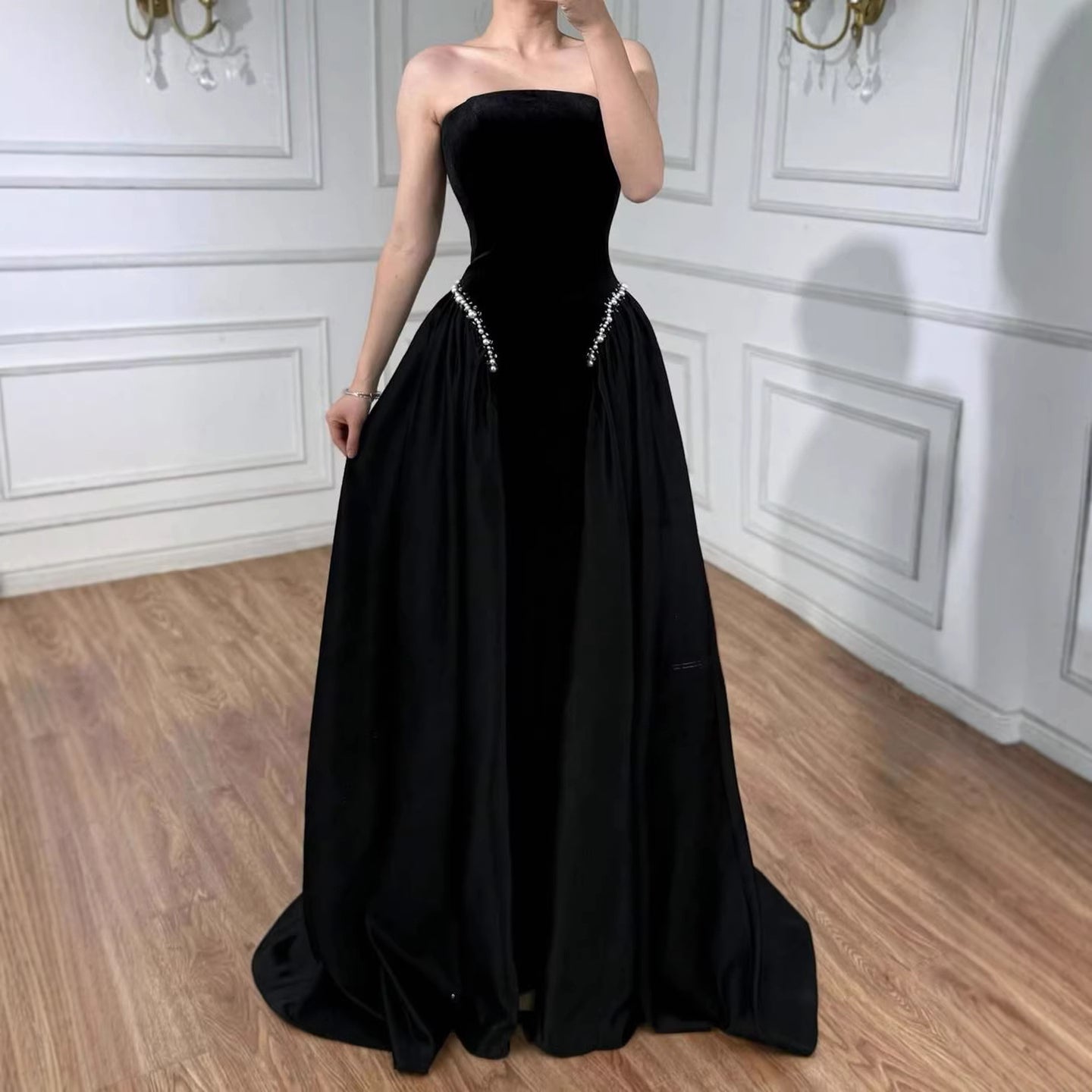 Burgundy Strapless Mermaid Velvet Evening Ball Gowns with Pearls LA73351