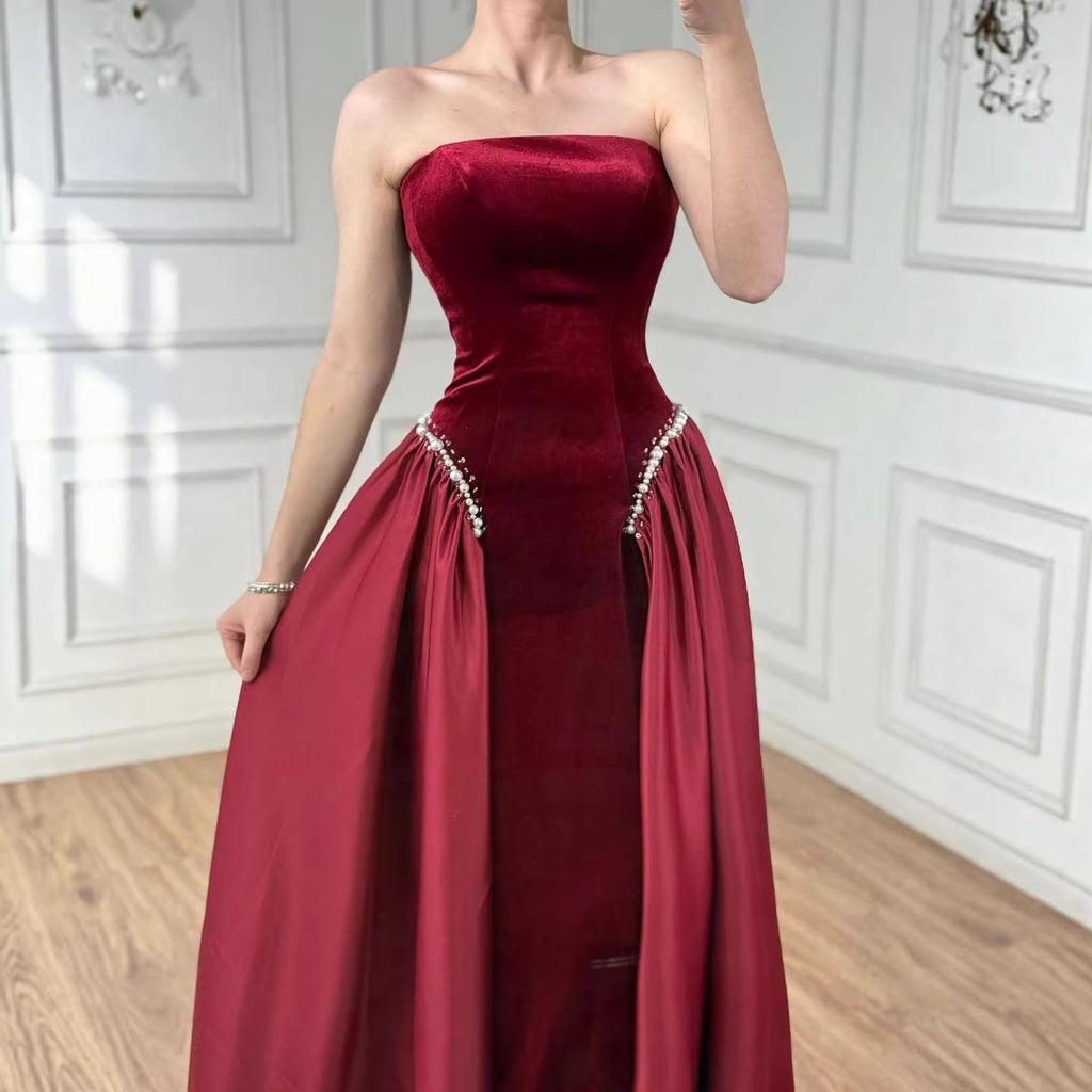 Burgundy Strapless Mermaid Velvet Evening Ball Gowns with Pearls LA73351