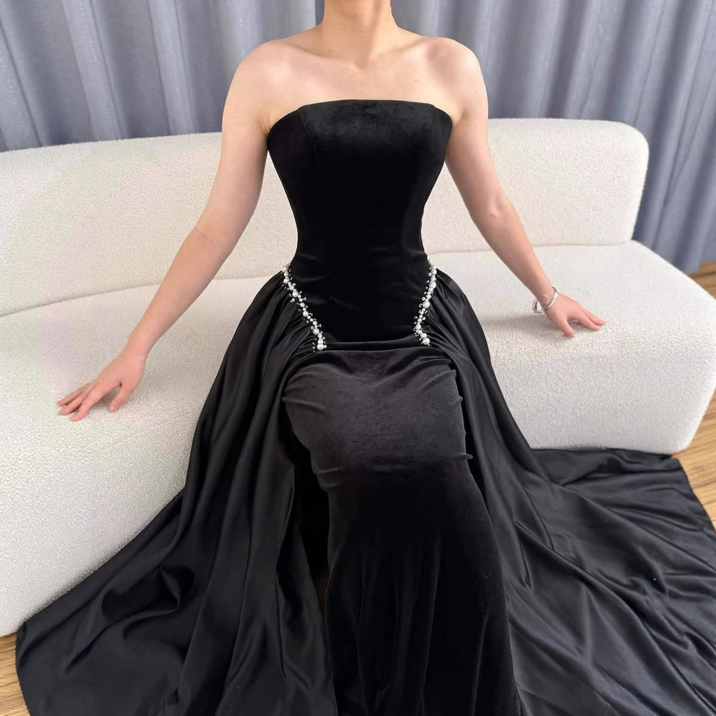 Burgundy Strapless Mermaid Velvet Evening Ball Gowns with Pearls LA73351