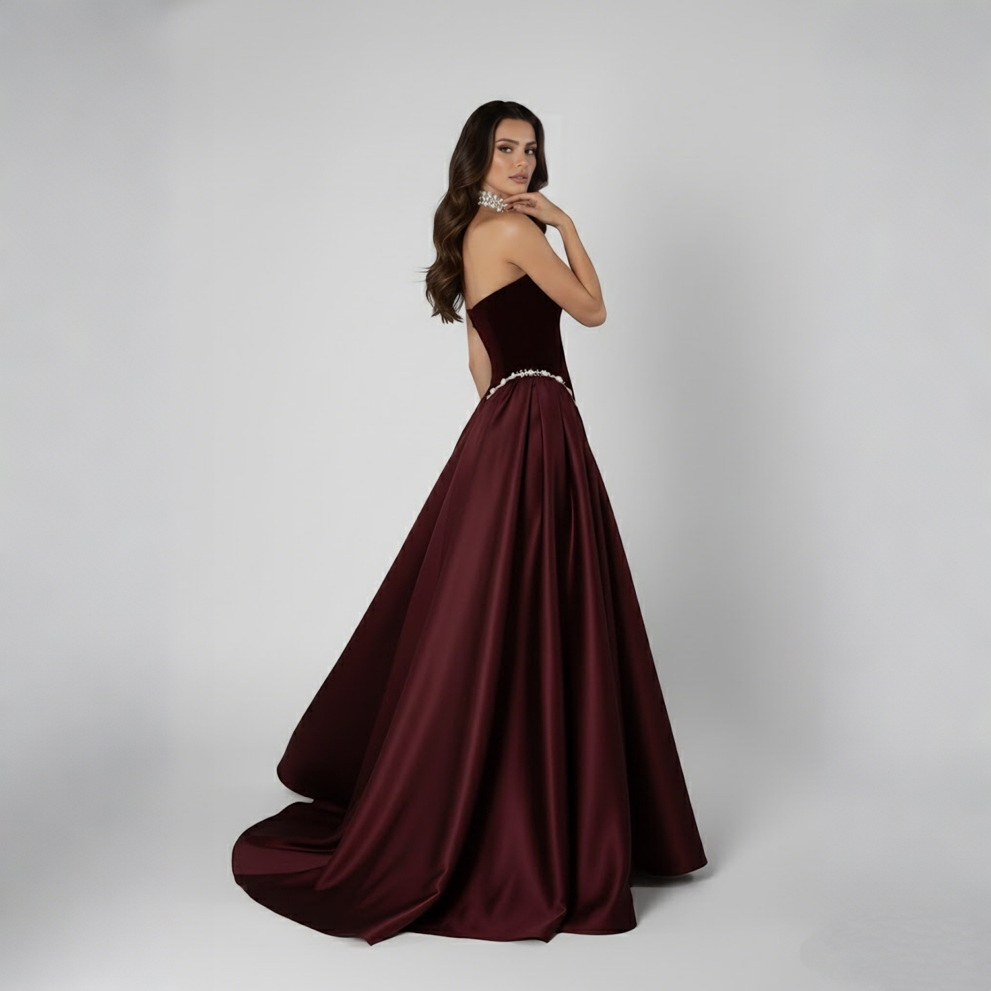 Burgundy Strapless Mermaid Velvet Evening Ball Gowns with Pearls LA73351
