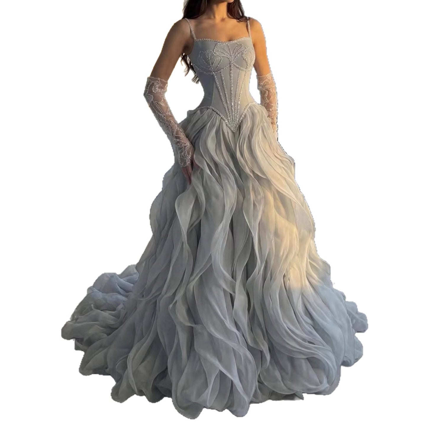 Luxury Gray Beaded Mermaid Corset Tulle Evening Dress With Gloves LA73368A