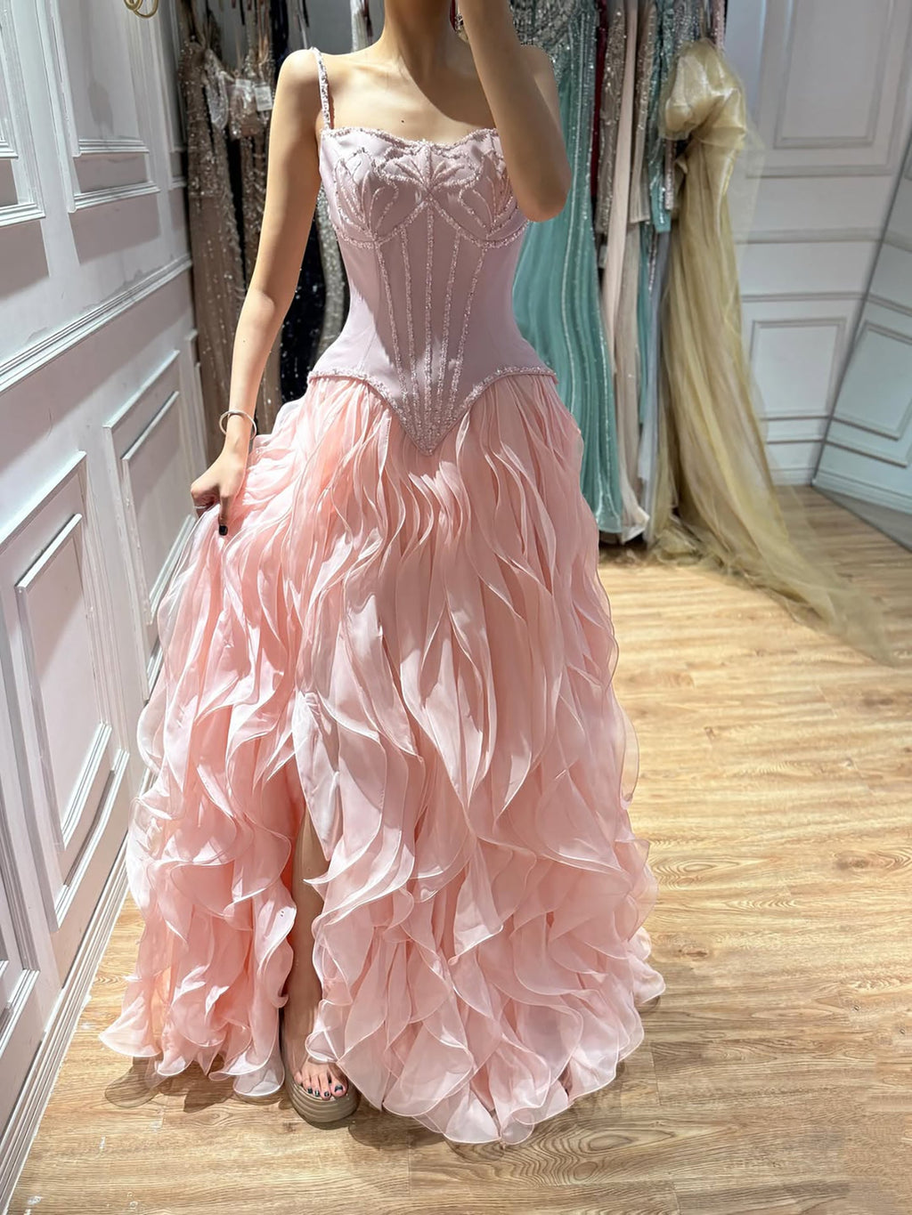Luxury Gray Beaded Mermaid Corset Tulle Evening Dress With Gloves LA73368A