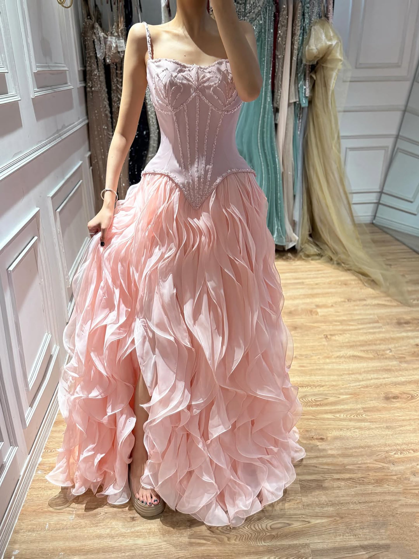Luxury Gray Beaded Mermaid Corset Tulle Evening Dress With Gloves LA73368A