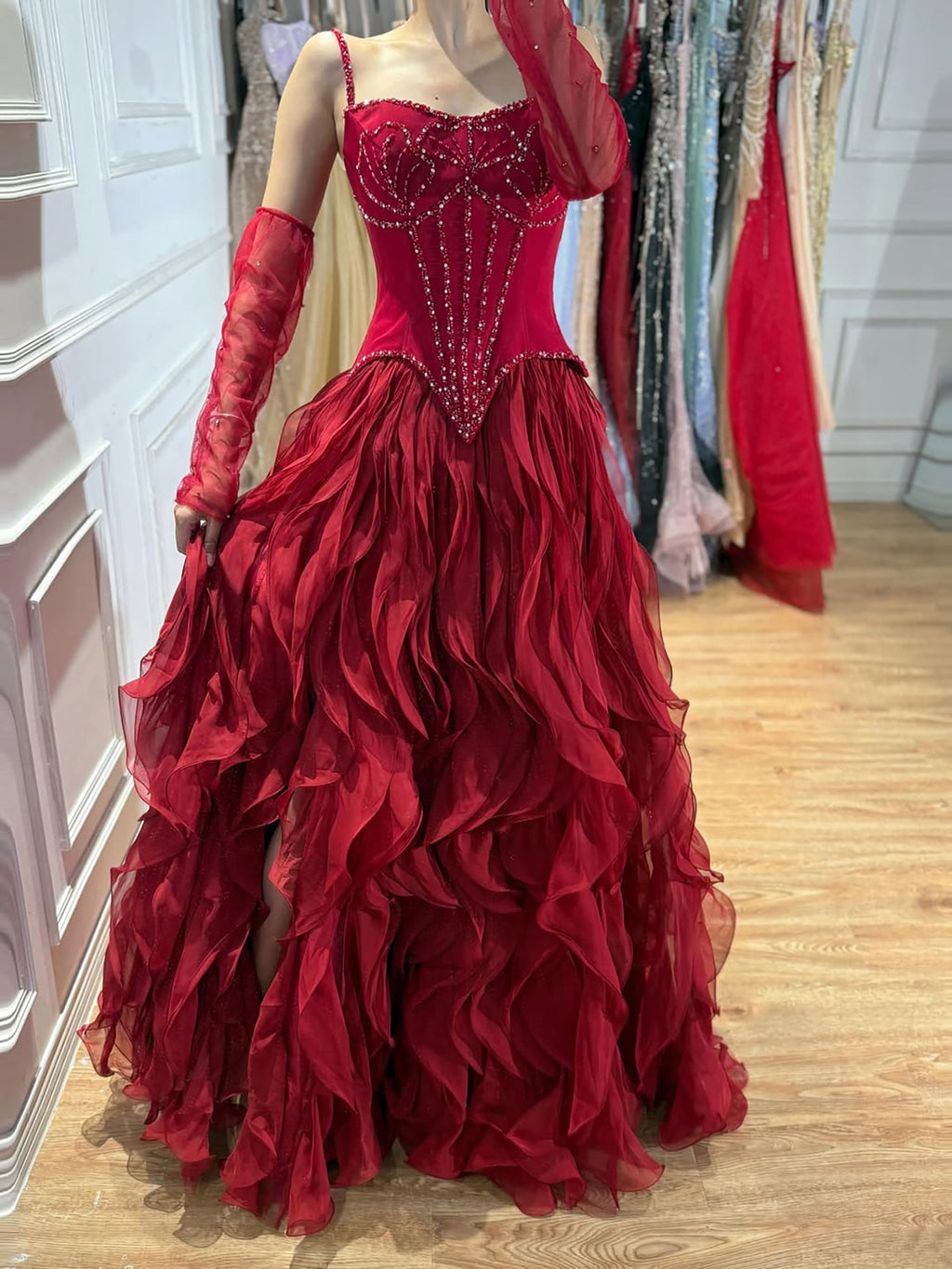 Luxury Gray Beaded Mermaid Corset Tulle Evening Dress With Gloves LA73368A