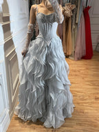 Luxury Gray Beaded Mermaid Corset Tulle Evening Dress With Gloves LA73368A