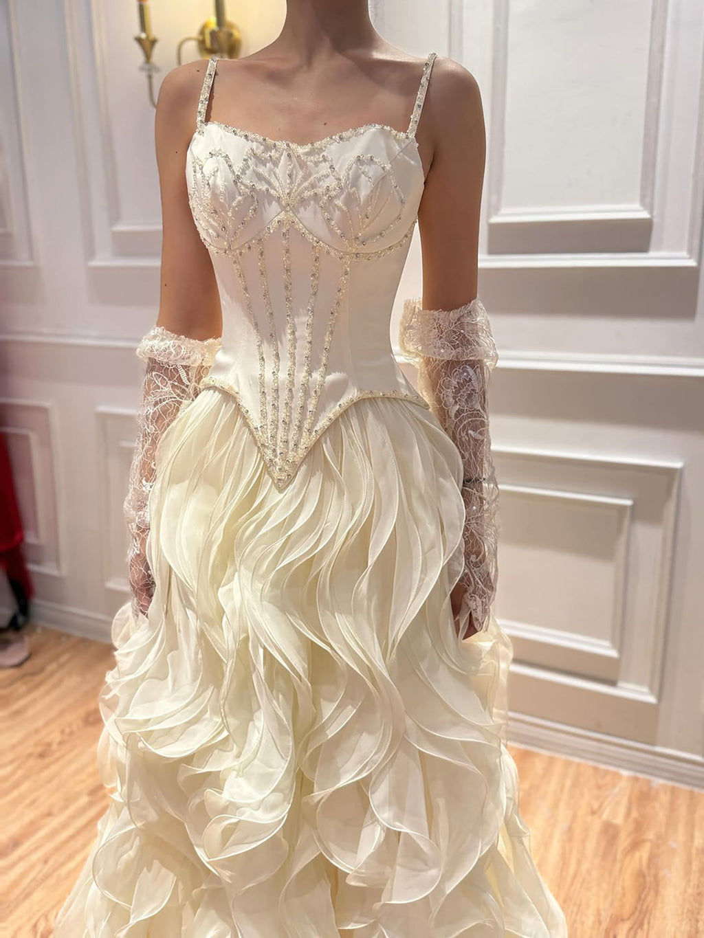 Luxury Gray Beaded Mermaid Corset Tulle Evening Dress With Gloves LA73368A