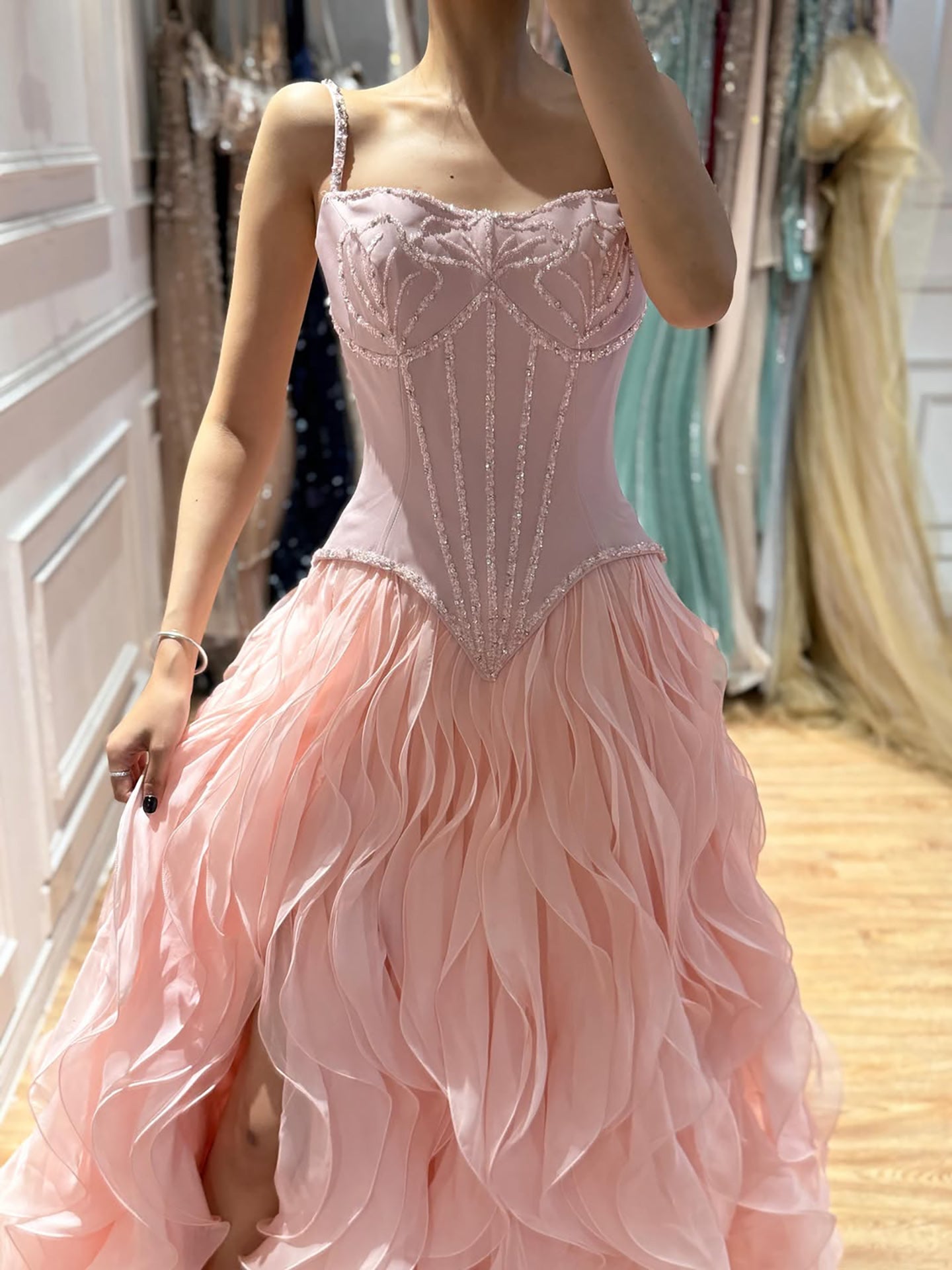 Luxury Gray Beaded Mermaid Corset Tulle Evening Dress With Gloves LA73368A
