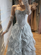 Luxury Gray Beaded Mermaid Corset Tulle Evening Dress With Gloves LA73368A