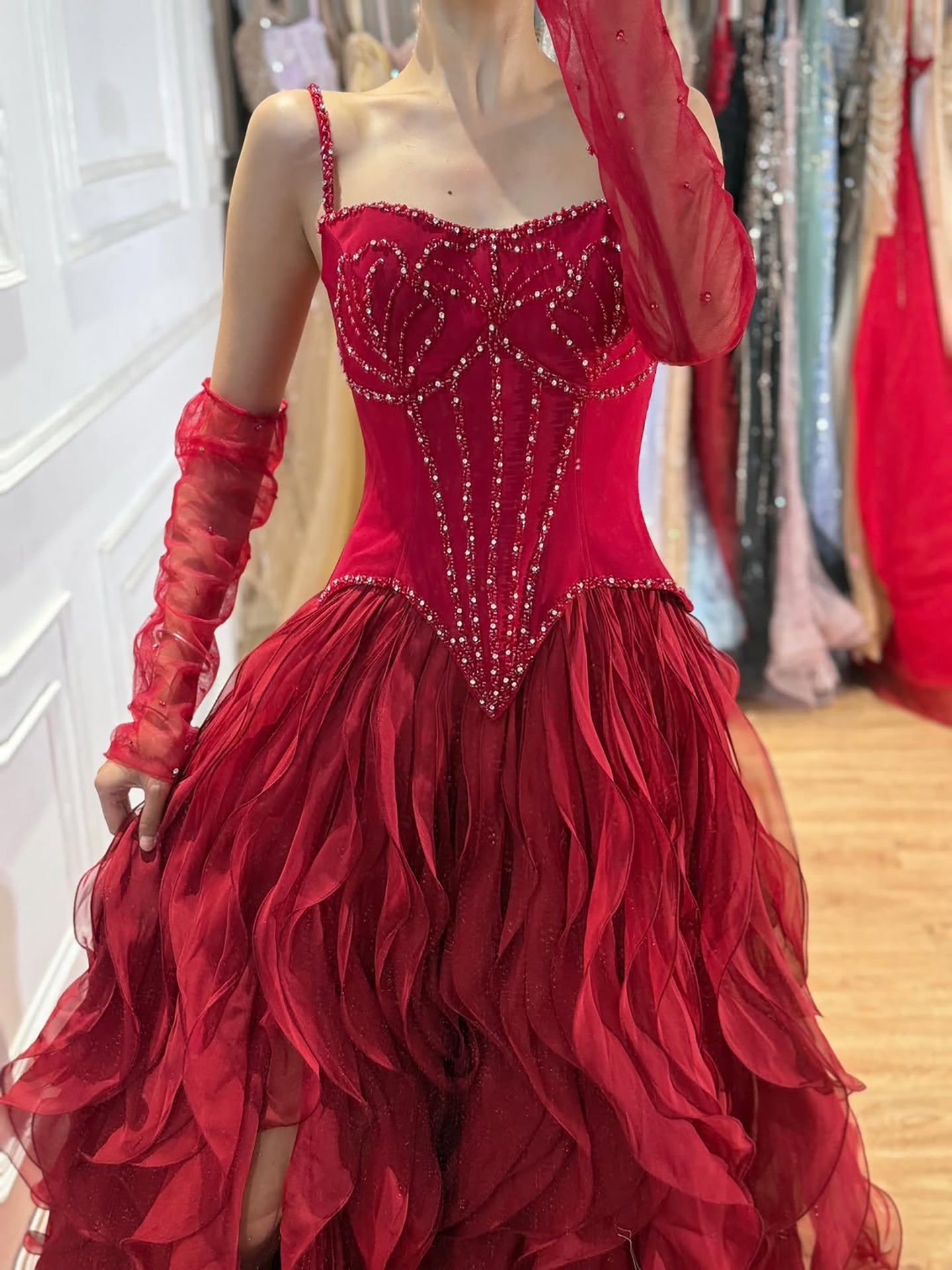 Luxury Gray Beaded Mermaid Corset Tulle Evening Dress With Gloves LA73368A