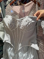 Luxury Gray Beaded Mermaid Corset Tulle Evening Dress With Gloves LA73368A