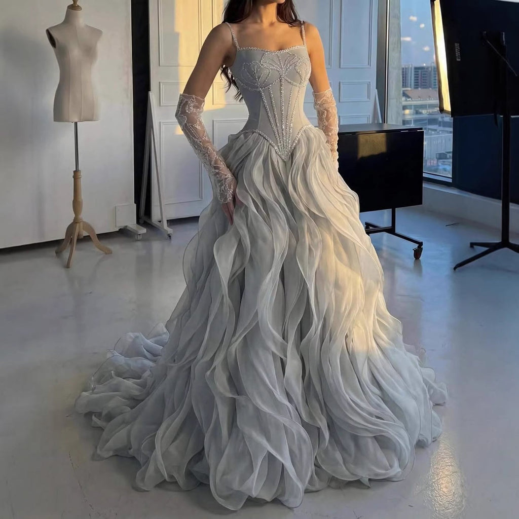 Luxury Gray Beaded Mermaid Corset Tulle Evening Dress With Gloves LA73368A