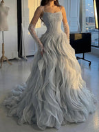 Luxury Gray Beaded Mermaid Corset Tulle Evening Dress With Gloves LA73368A