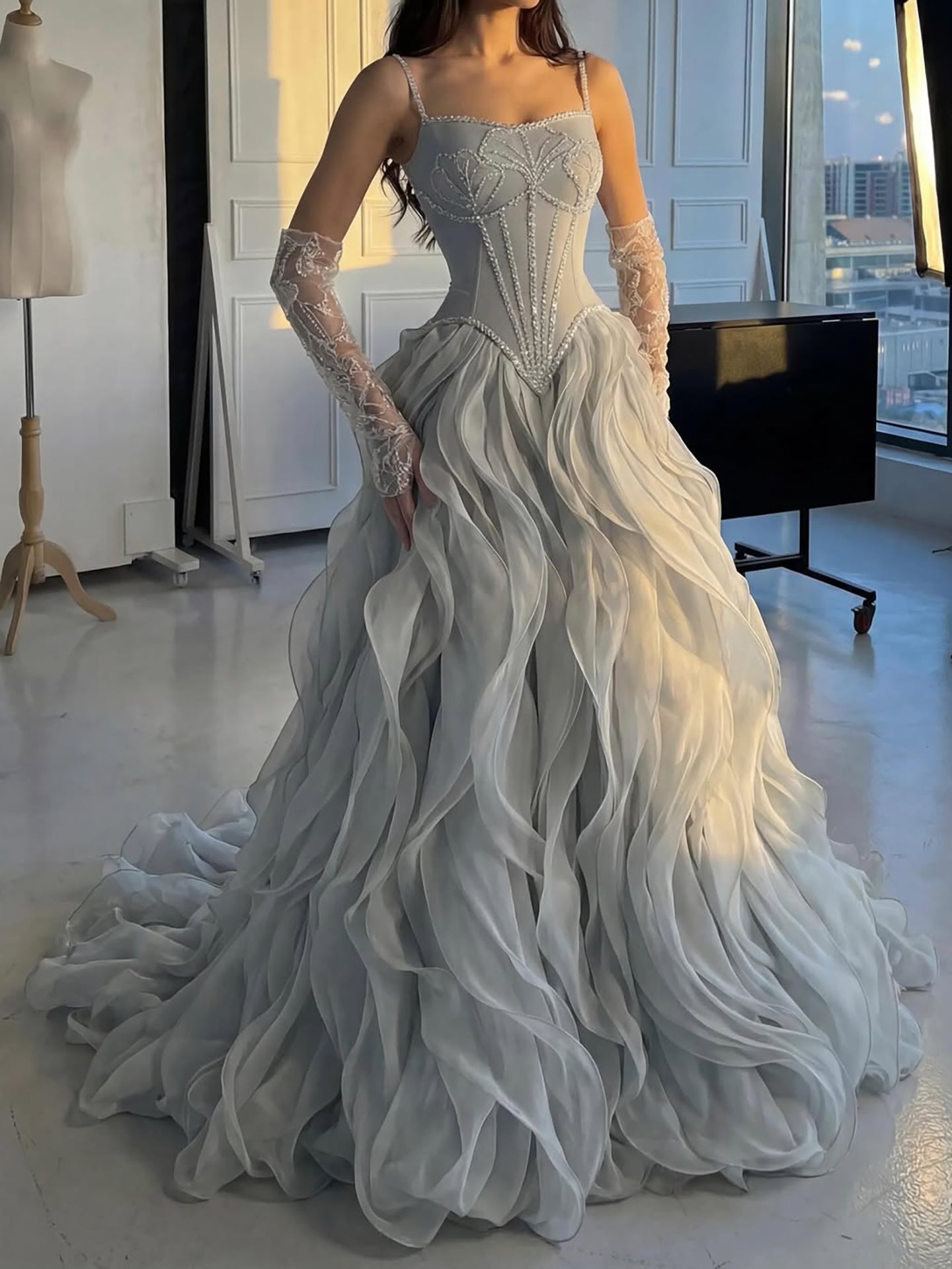 Luxury Gray Beaded Mermaid Corset Tulle Evening Dress With Gloves LA73368A